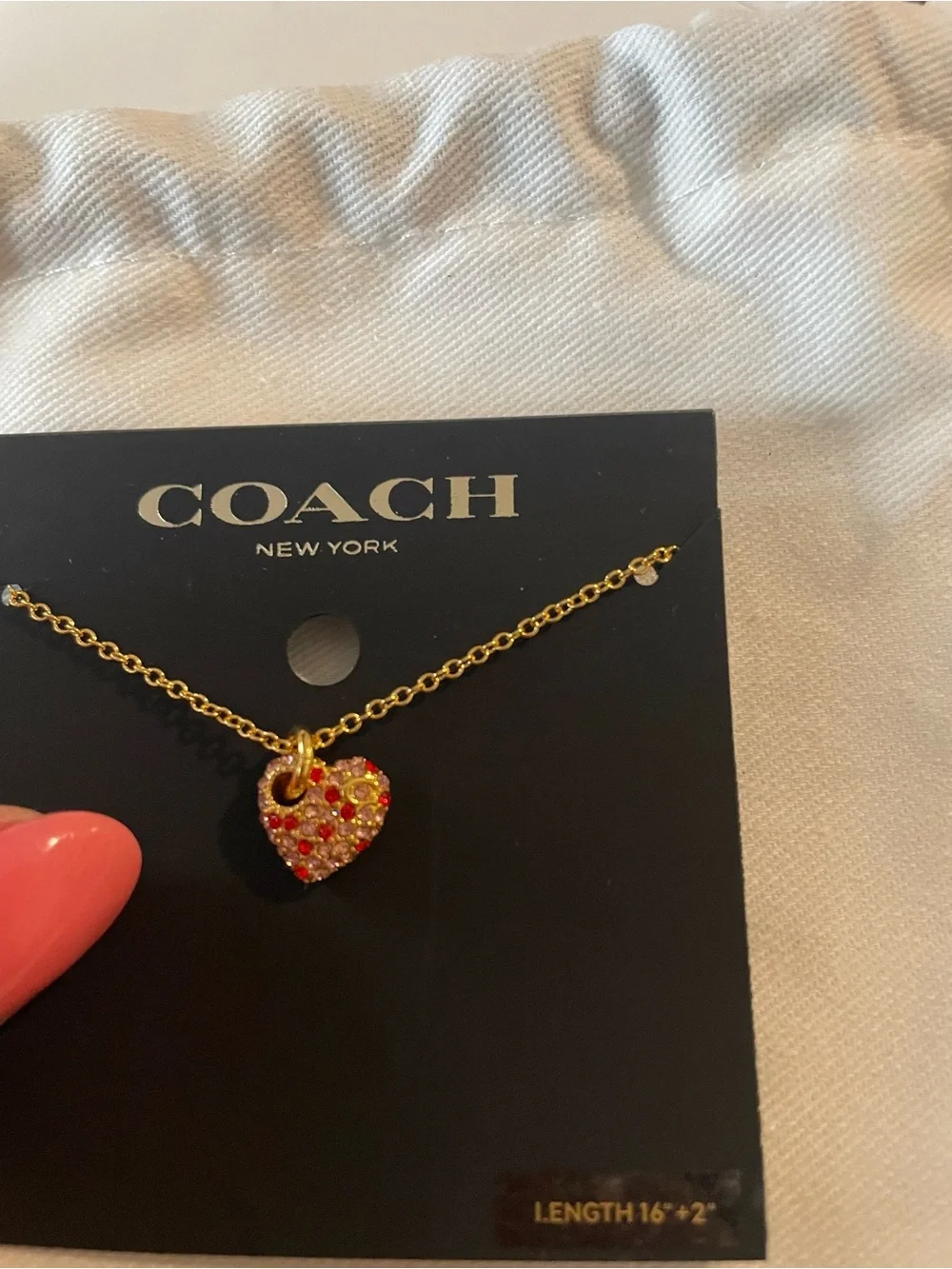 COACH Gold Heart Pendant Necklace with Pink and Red Crystals